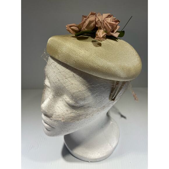 Vintage Carlot Juliet Fascinator Gold Cream Straw Hat with Pink Roses Mesh Veil - Picture 2 of 8